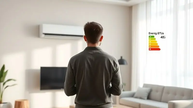 Photorealistic image of a thoughtful person standing in a bright, modern living room, looking at a subtle, minimalist air con