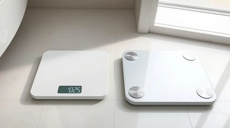 Dois modelos de balança digital corporal lado a lado em um piso de banheiro, uma simples e outra com sensores de bioimpedância.