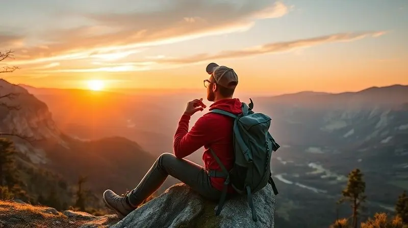 Pessoa fazendo um lanche com uma barra de cereal enquanto admira a vista do topo de uma montanha ao pôr do sol.