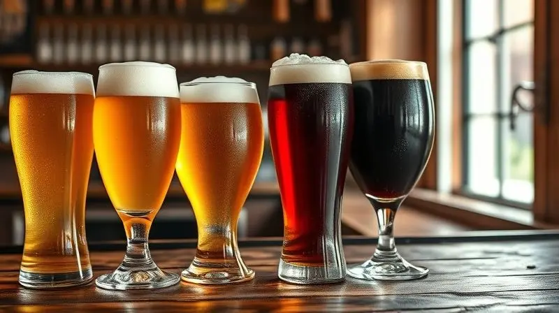 Diversos tipos de copos de cerveja, como Tulipa, Weizen e Pilsner, alinhados em uma bancada de madeira rústica.