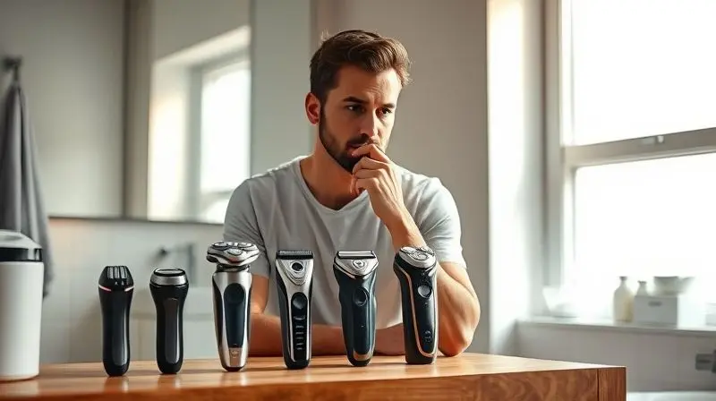 Photorealistic lifestyle shot of a thoughtful man in a modern bathroom, examining a selection of three different types of ele