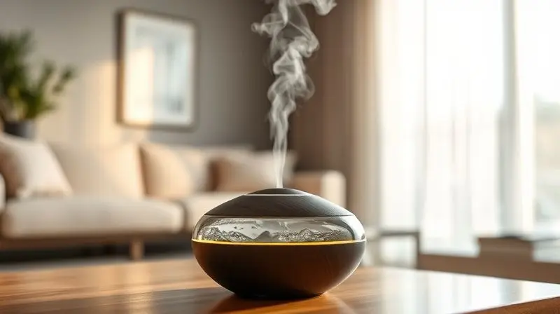 Vista em close de um difusor ultrassônico moderno liberando uma névoa suave de aroma em um ambiente tranquilo e iluminado.