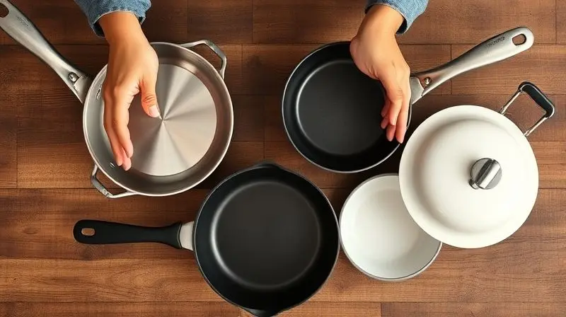 Mãos de uma pessoa analisando diferentes tipos de panelas, como inox e cerâmica, sobre uma bancada de cozinha de madeira.