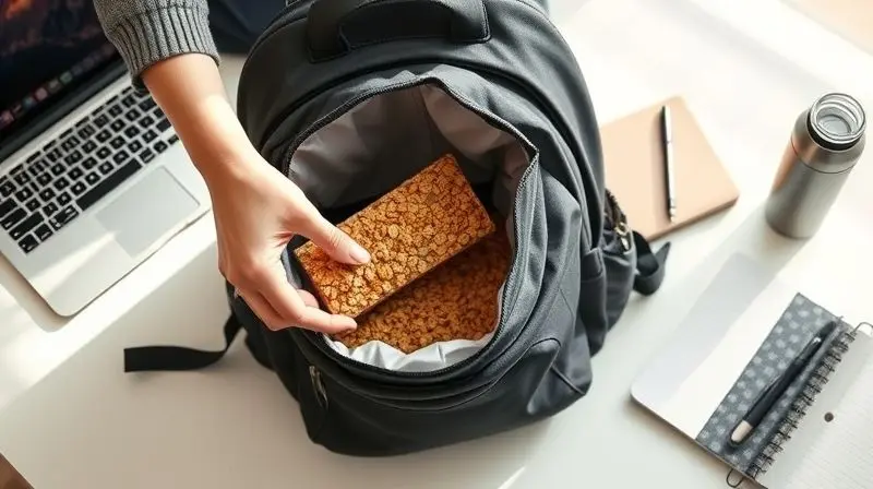 Mãos colocando uma barra de cereal em uma mochila ao lado de um notebook e garrafa d'água, planejando um dia produtivo.