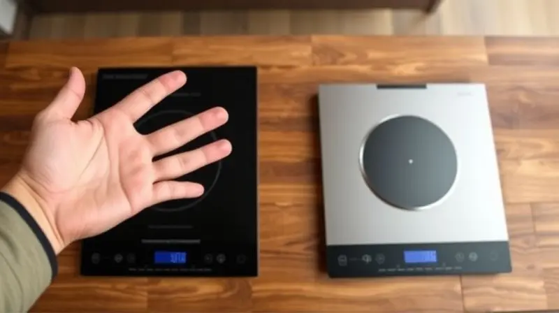 Photorealistic shot from a person's point of view, looking down at two different single-burner induction cooktops on a wooden