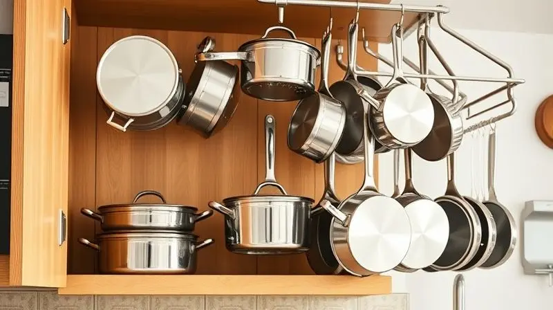 Jogo de panelas de inox completo e brilhante, perfeitamente organizado em um armário de cozinha, transmitindo ordem.