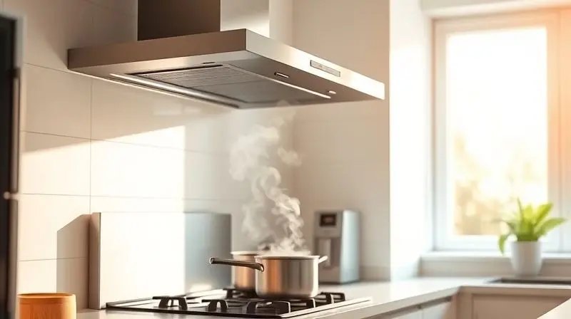 Cozinha moderna e iluminada com coifa de parede em inox capturando o vapor de uma panela, simbolizando os benefícios de um ar limpo.