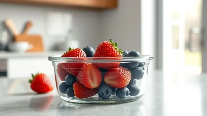 Pote hermético de vidro em uma bancada de cozinha, cheio de morangos e mirtilos frescos, simbolizando a conservação de alimentos.