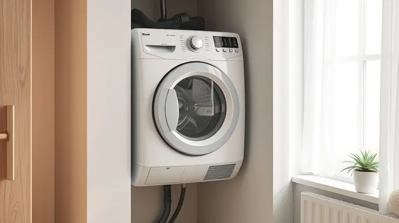 Photorealistic shot of a compact, modern wall-mounted clothes dryer perfectly installed in a small, well-lit apartment laundr
