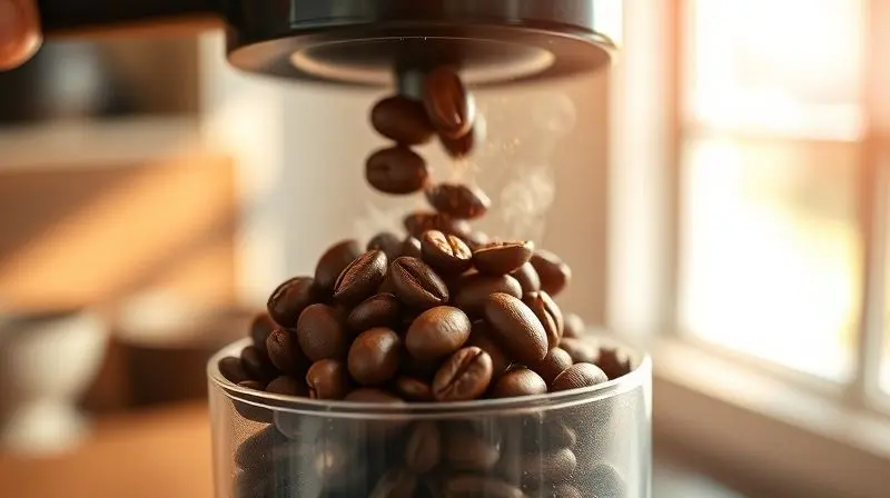 Photorealistic shot of a handful of whole, glossy coffee beans being poured into a coffee grinder, with aromatic steam and pa