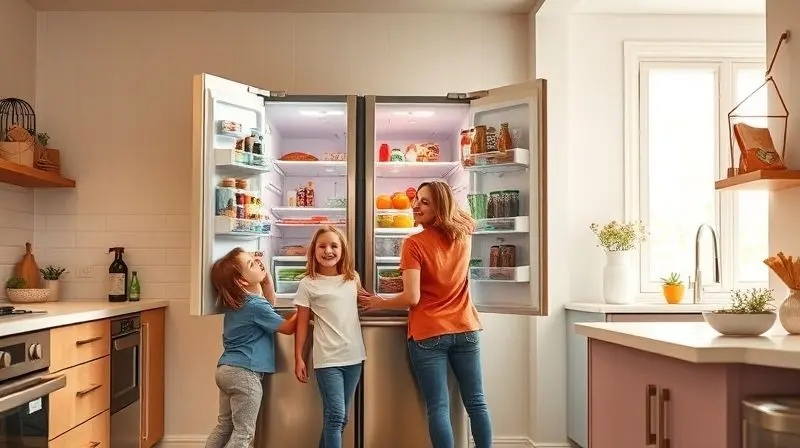 Photorealistic shot of a happy family with two kids standing in a modern kitchen, happily opening a large, well-stocked Frenc