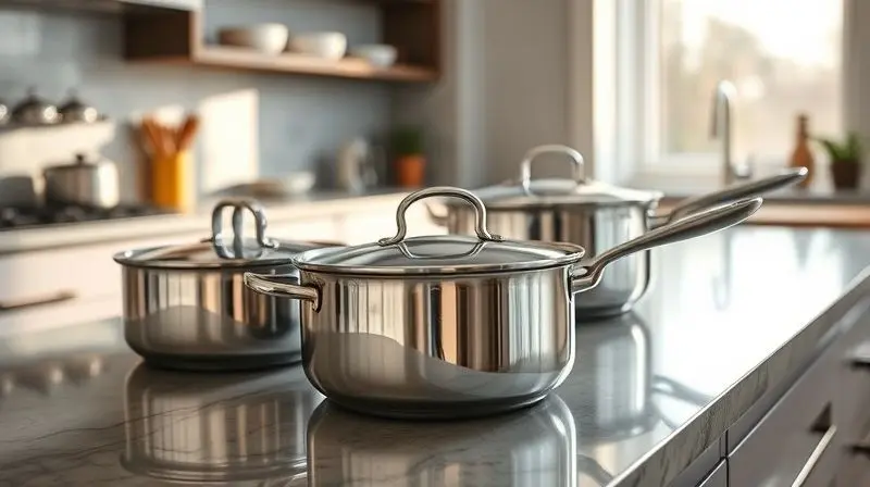 Conjunto de panelas de alta qualidade brilhando em uma bancada de cozinha gourmet, com foco na textura e reflexos do material.