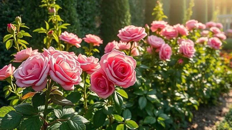 Jardim vibrante e bem cuidado com roseiras saudáveis, ilustrando os benefícios de usar a tesoura de poda correta.