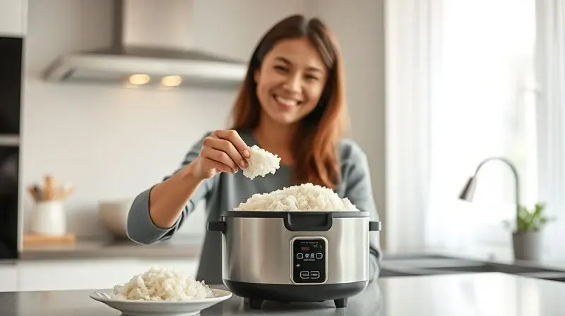 Pessoa sorrindo ao servir arroz de uma panela elétrica em uma cozinha moderna, demonstrando a praticidade do aparelho.