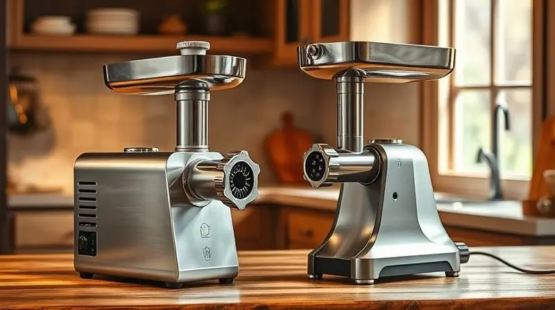 Photorealistic shot of a modern, sleek stainless steel electric meat grinder placed side-by-side with a classic, vintage cast