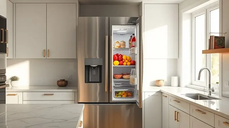 Uma geladeira side by side de inox em uma cozinha moderna, com as duas portas abertas mostrando os alimentos organizados no freezer e refrigerador.