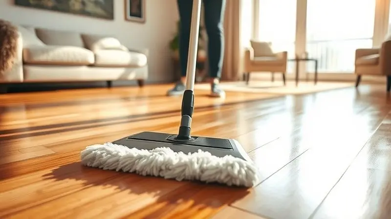 Pessoa limpando com um mop um piso de madeira brilhante em uma sala de estar moderna e ensolarada, demonstrando facilidade na limpeza.
