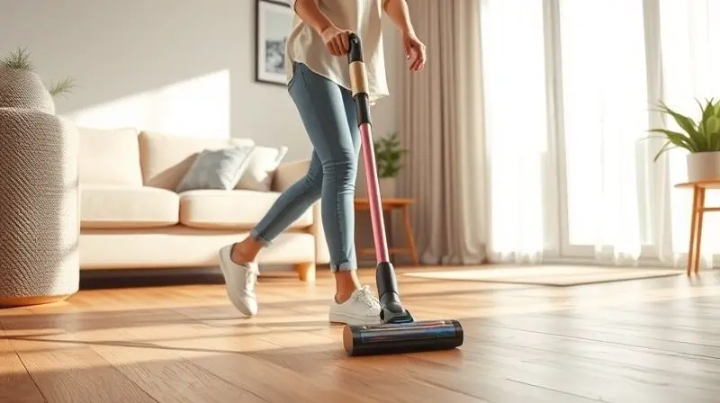 Photorealistic shot of a person effortlessly gliding a sleek, modern cordless stick vacuum across a bright, sunlit living roo