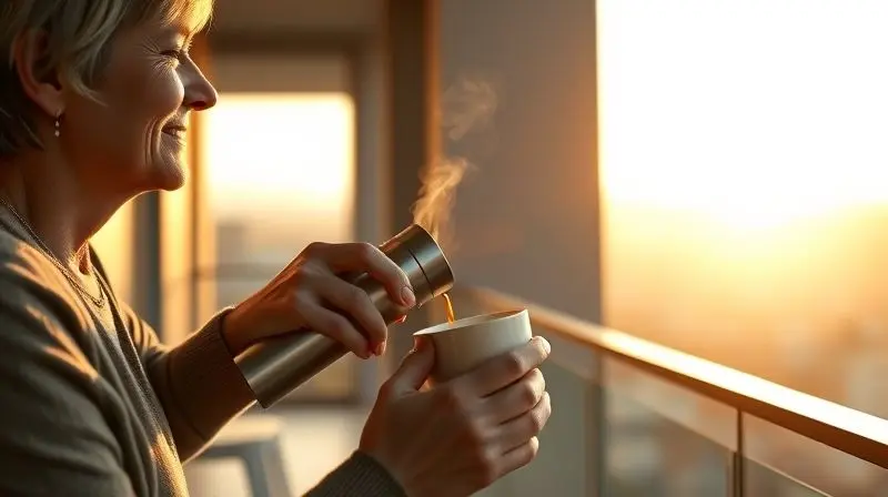 Pessoa servindo café quente de uma garrafa térmica em uma varanda ao amanhecer, simbolizando o benefício de ter uma bebida quente a qualquer hora.
