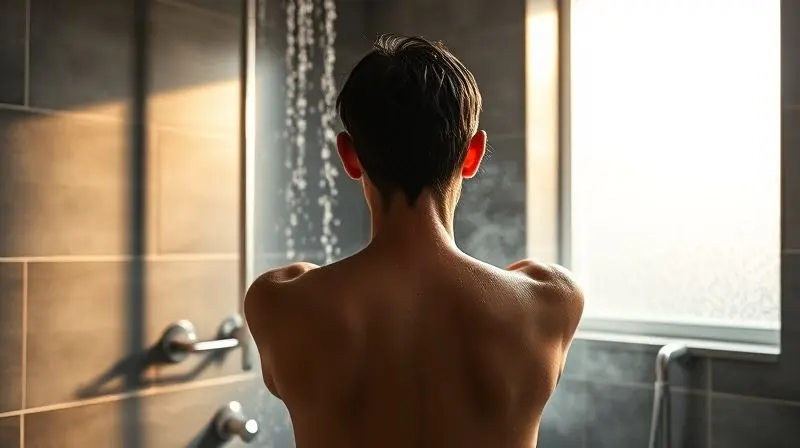 Pessoa relaxando sob a água corrente e vapor de um chuveiro moderno, ilustrando o conforto de um banho revigorante.