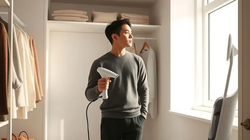 Pessoa em um closet claro, em dúvida entre um vaporizador de roupas portátil e um modelo vertical maior.