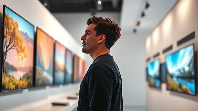 Pessoa em uma loja de eletrônicos, analisando um painel com várias TVs de 55 polegadas para escolher a melhor opção.