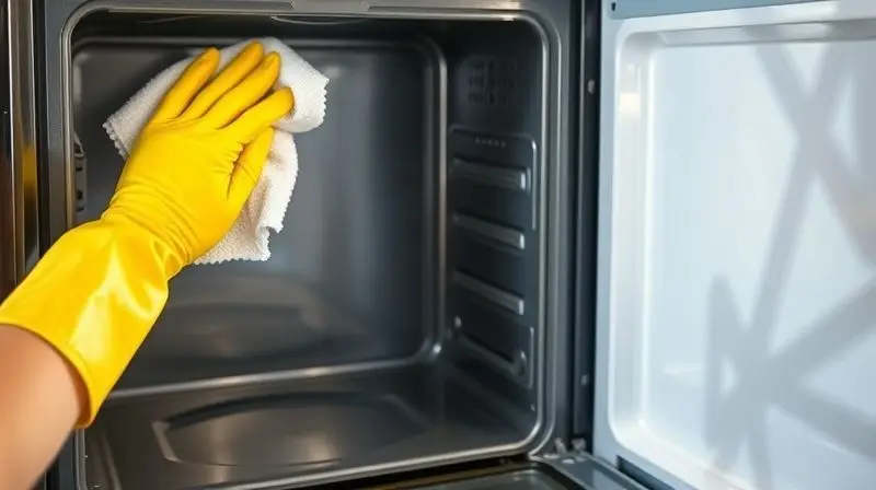 Pessoa usando luvas de borracha e limpando o interior brilhante de um forno de embutir com um pano, ilustrando a facilidade de limpeza e manutenção.