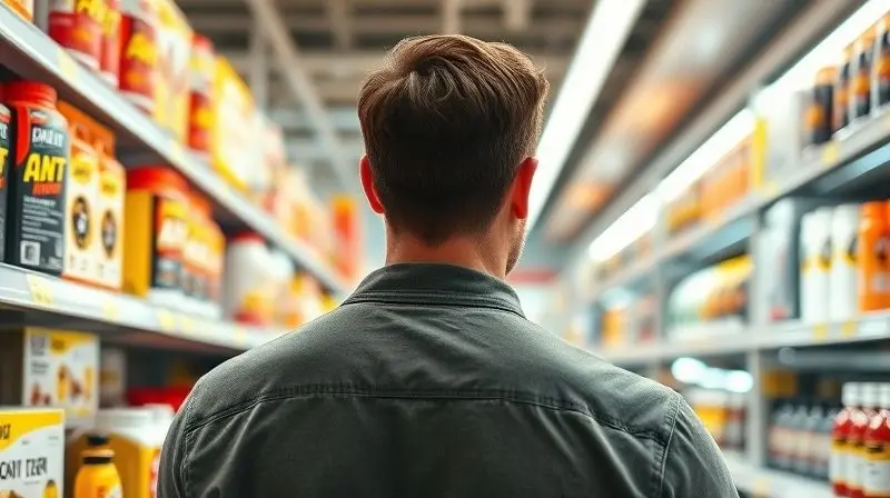 Photorealistic shot of a person with a thoughtful expression, viewed from behind, standing in a brightly lit store aisle and 