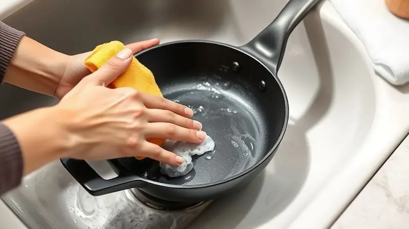 Pessoa lavando cuidadosamente uma frigideira antiaderente com uma esponja macia para não arranhar a superfície.