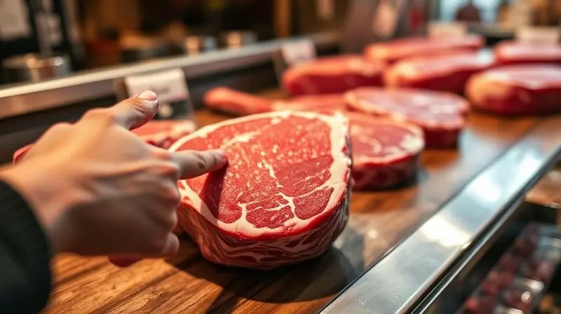 Mão de uma pessoa apontando para um pedaço de carne fresca em um balcão de açougue, ilustrando a escolha do corte ideal.