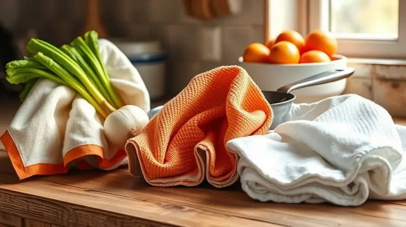 Cozinha com panos de prato sendo usados para secar vegetais, segurar uma panela quente e ao lado de uma fruteira, demonstrando sua versatilidade.