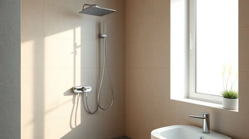 Banheiro moderno e minimalista com luz natural destacando uma ducha higiênica cromada instalada na parede de azulejos texturizados.