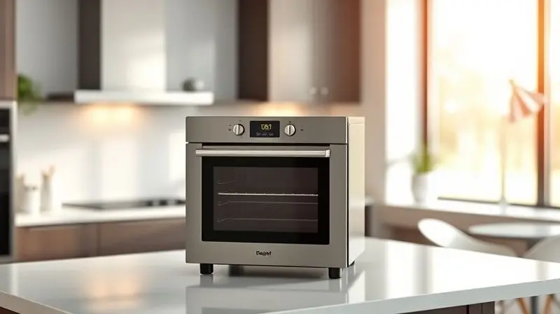 Forno elétrico de bancada moderno em inox sobre um balcão de cozinha claro, com a luz suave da manhã iluminando a cena.