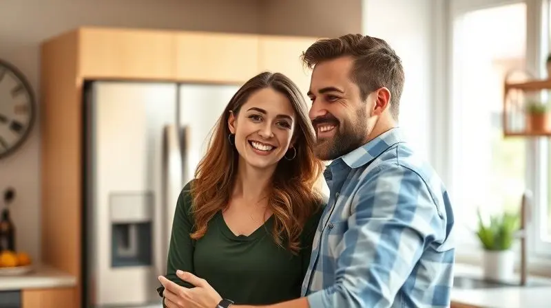 Photorealistic shot of a smiling couple in their early 30s in a bright, modern kitchen, admiring their new home appliance. A 
