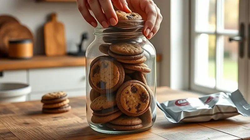 Mãos guardando biscoitos recheados em um pote de vidro com tampa para preservar a crocância e o sabor.