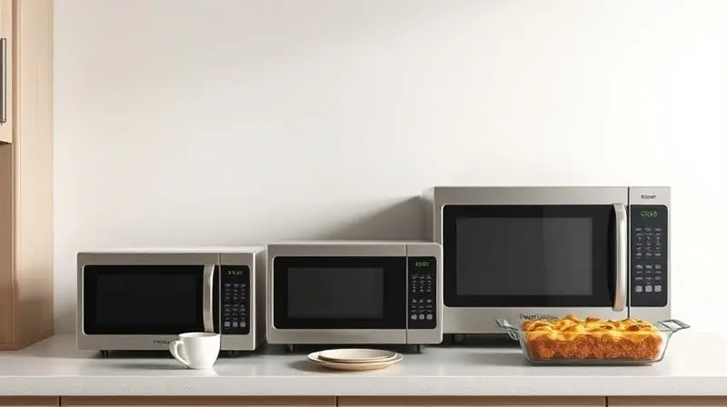 Três micro-ondas de tamanhos diferentes, pequeno, médio e grande, alinhados em uma bancada de cozinha para ilustrar a capacidade em litros.