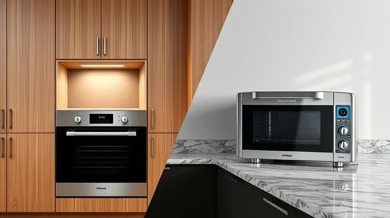 Comparativo visual mostrando um forno de embutir em um armário e um forno de bancada sobre uma bancada de cozinha.
