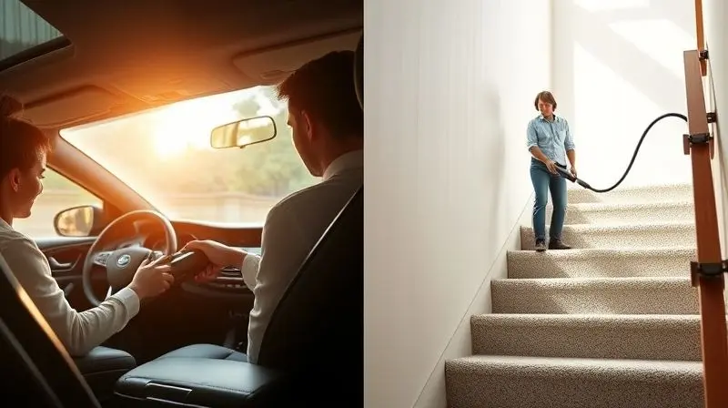 Comparativo visual entre um aspirador portátil a bateria, usado em um carro, e um modelo com fio, usado em uma escada.