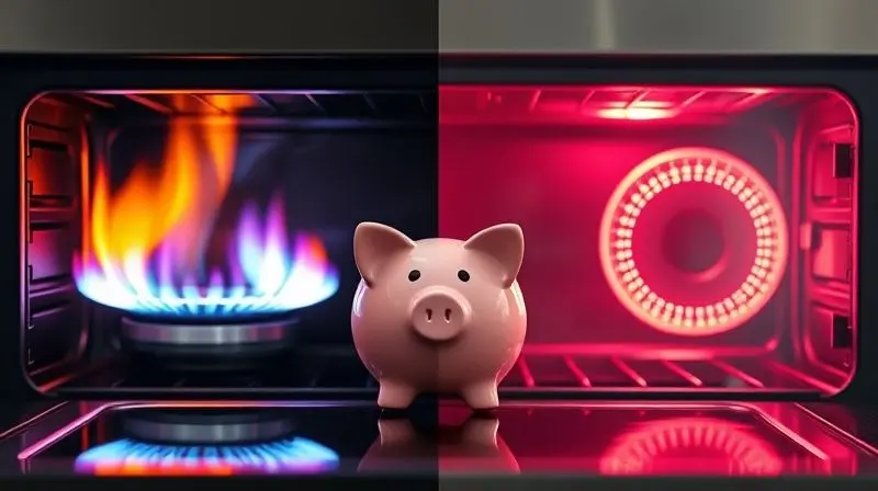 Comparativo visual entre forno a gás, com chama azul, e forno elétrico, com resistência vermelha, e um porquinho-mealheiro no centro simbolizando economia.