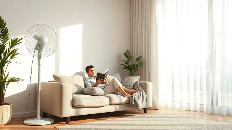 Pessoa relaxando em um sofá em uma sala de estar clara, com um ventilador de coluna moderno no canto, simbolizando conforto e alívio do calor.