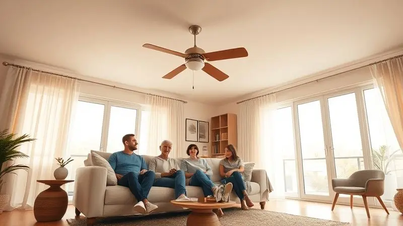 Família relaxando em uma sala de estar clara e arejada, com um ventilador de teto moderno funcionando suavemente ao fundo.