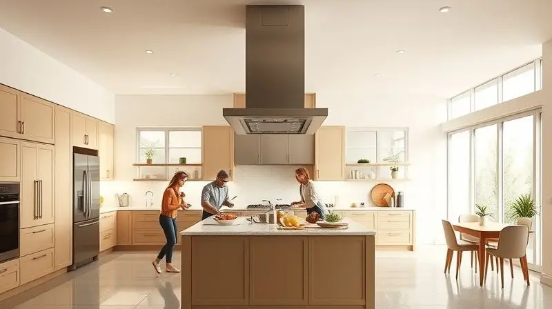 Cozinha gourmet com ilha central e uma coifa de ilha em inox, onde uma família prepara uma refeição em um ambiente limpo e feliz.