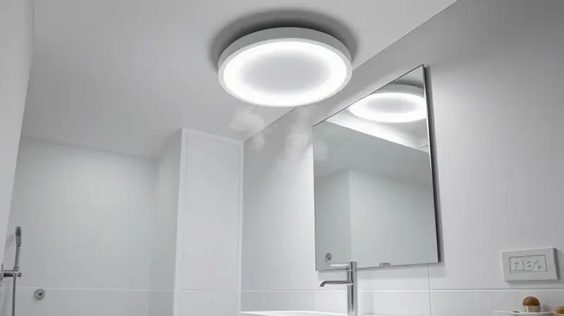 Banheiro moderno e elegante com um plafon de LED redondo e resistente à umidade instalado no teto, iluminando a área da pia.