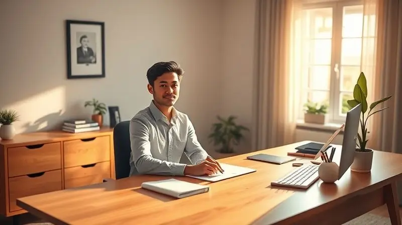 Pessoa trabalhando de forma produtiva e inspirada em uma escrivaninha de madeira bem organizada, com iluminação natural.