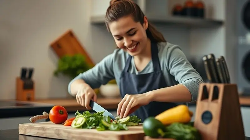 Chef de cozinha sorrindo enquanto corta vegetais frescos com uma faca profissional, demonstrando os benefícios de investir em um bom jogo de facas.