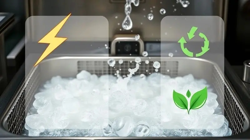 Fritadeira industrial em funcionamento com ícones sobrepostos de raio para potência e folha para consumo energético.