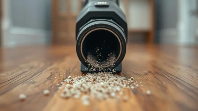 Imagem conceitual mostrando o poder de sucção de um aspirador de pó, com partículas de poeira sendo puxadas de um piso de madeira.