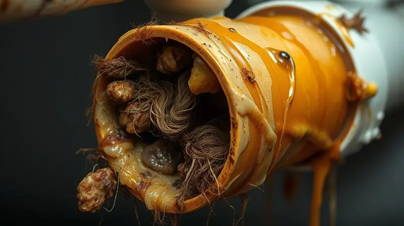 Visão em corte de um cano de PVC entupido, mostrando em detalhe as principais causas do problema: gordura solidificada, cabelos e restos de comida.