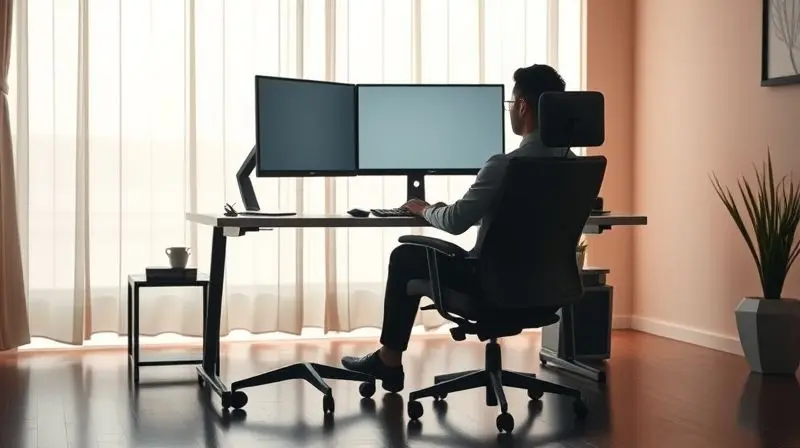 Pessoa sentada com postura correta em uma cadeira ergonômica, em frente a uma escrivaninha, demonstrando conforto e ergonomia.