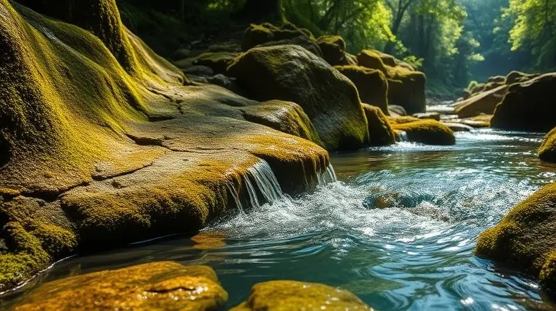 Fonte de água mineral pura brotando entre rochas com musgo em uma floresta, simbolizando os benefícios e a origem natural da água.